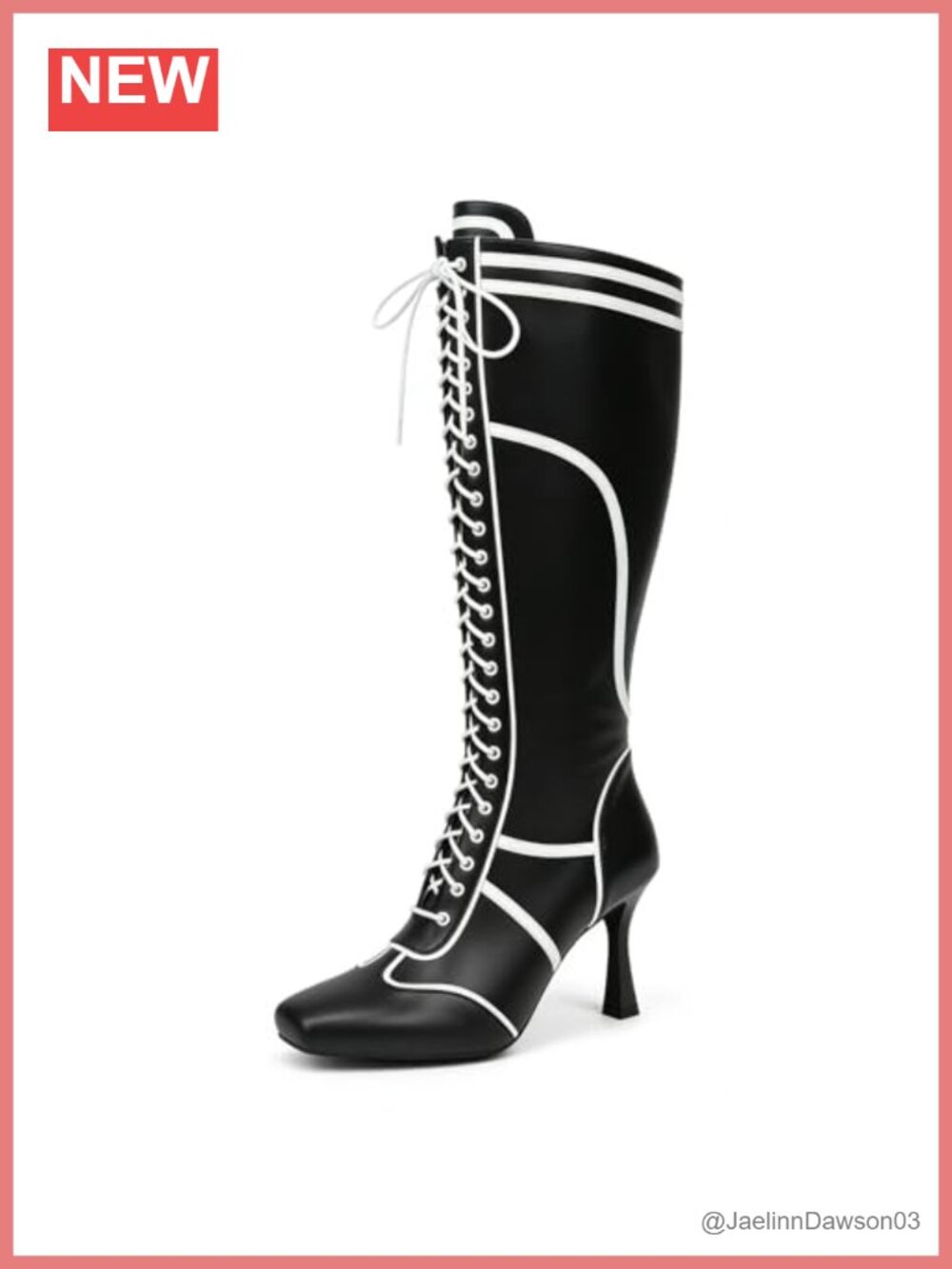 Knee High Boots Square Toe Lace Up Faux Leather Kitten Heel